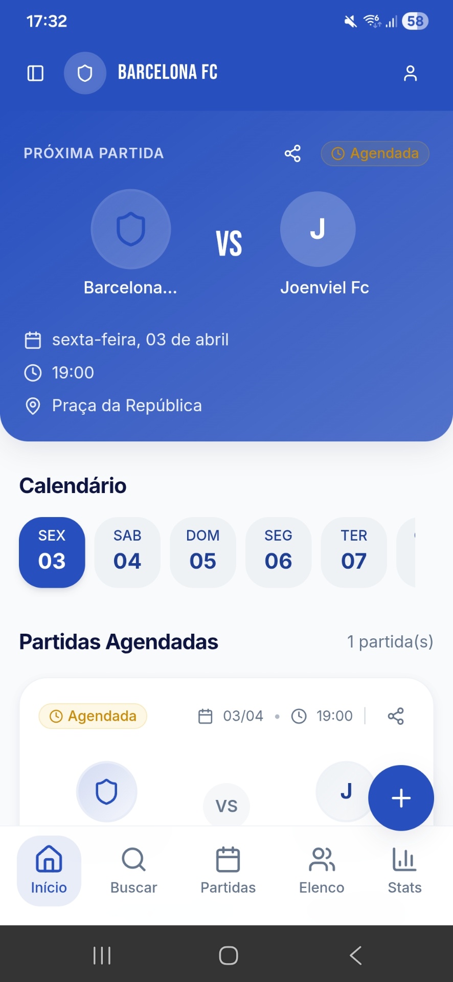 Tela inicial do Futebolize com proxima partida e calendario