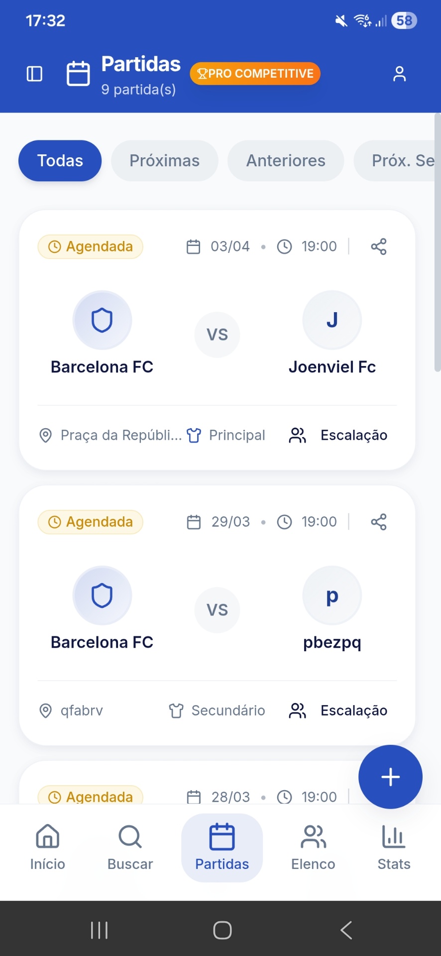 Lista de partidas agendadas no Futebolize