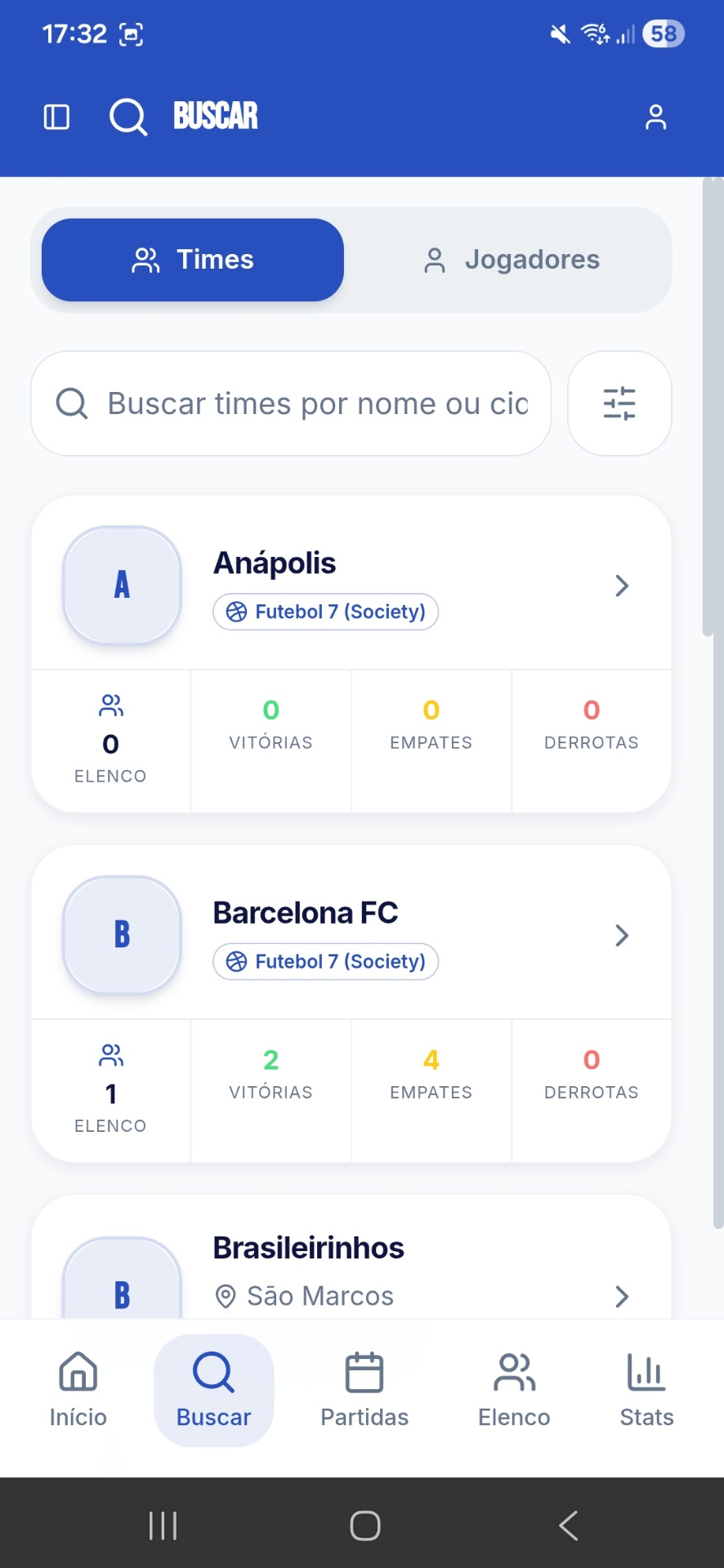 Tela de busca de times no Futebolize mostrando times de futebol society